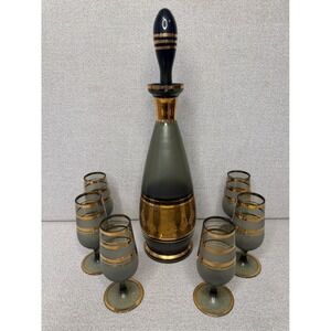 Vintage‎ Smoky Gray Gold Decanter Set 6 Cordial Glasses MCM Hollywood Regency